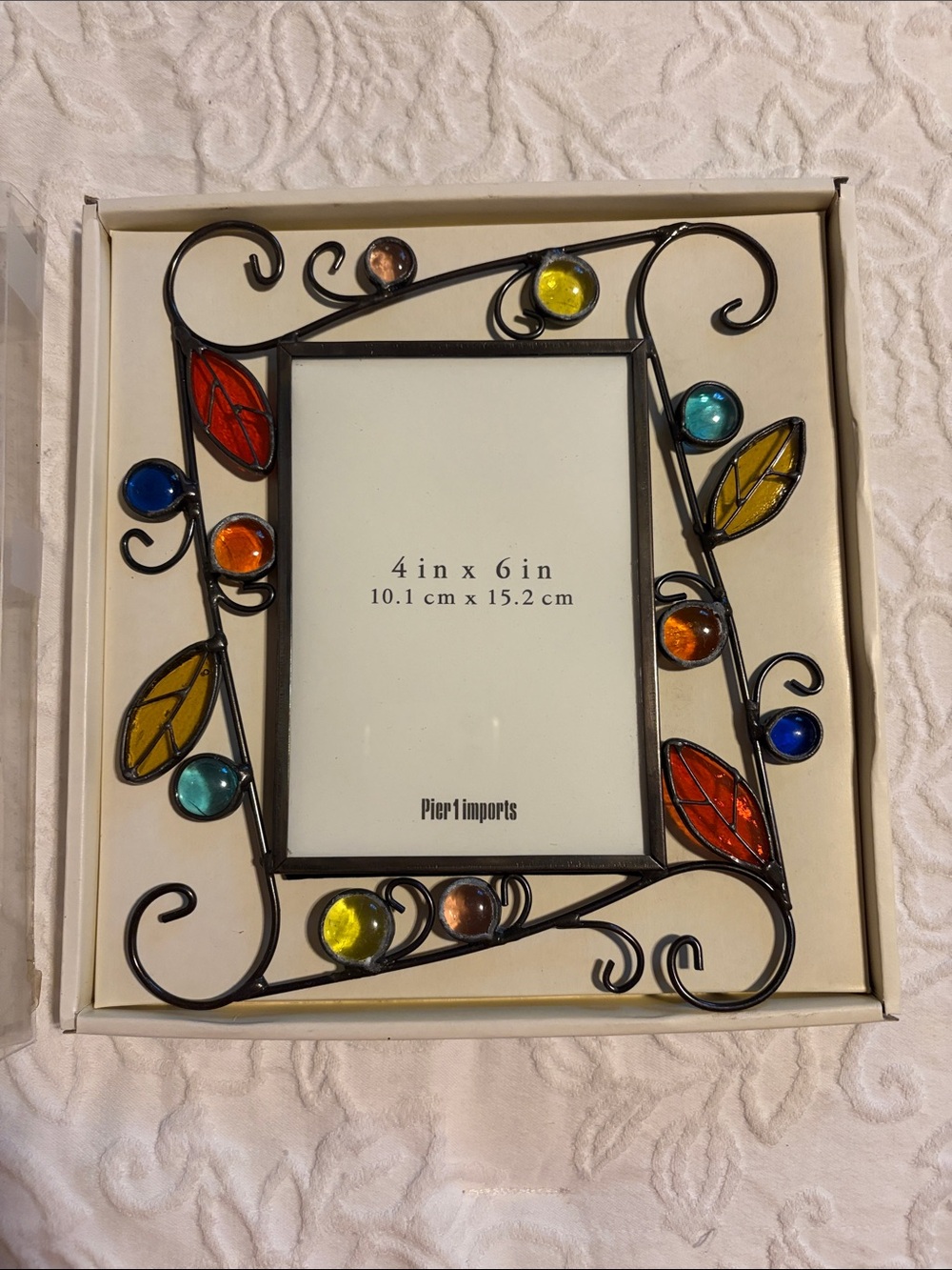 Pier 1 Black Metal Frame with Multicolor Orbs and Red-Yellow Leaves in Box